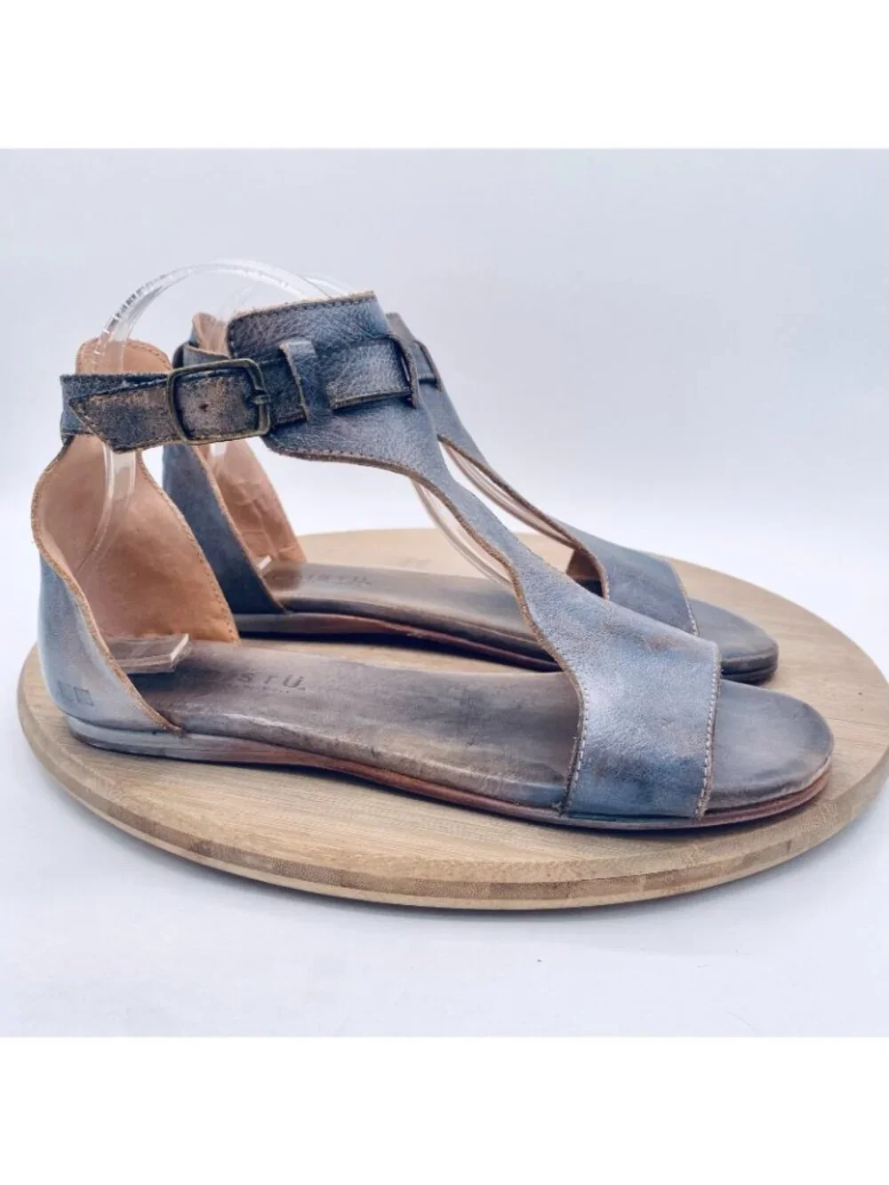 Bed|Stu Sandals Womens 8 Purple Distressed Leather Sabel Ankle Strap Flats